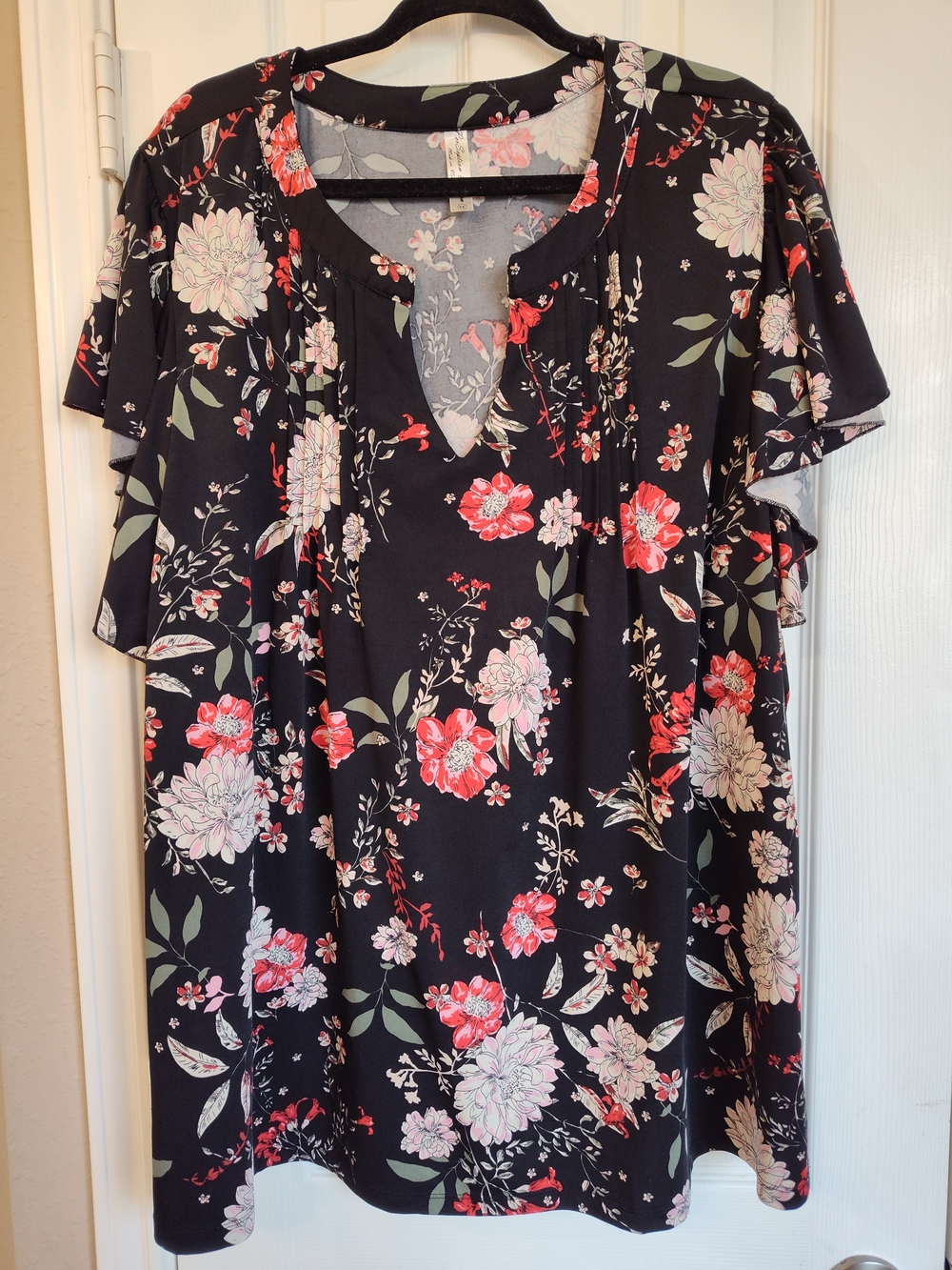 Perseption Black Floral Button-Front Blouse with Pink Accents